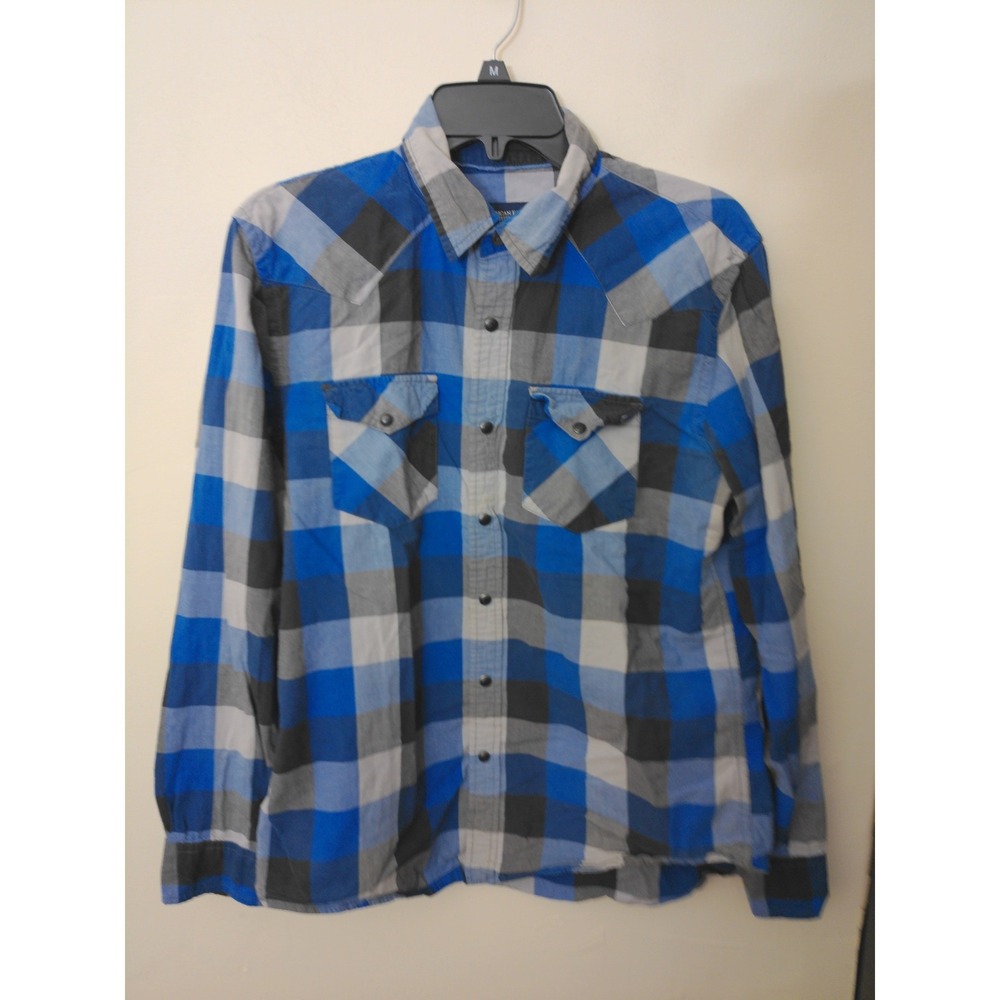 American Eagle Button Down Mens Medium Blue Plaid Excellent Vintage Fit Snaps